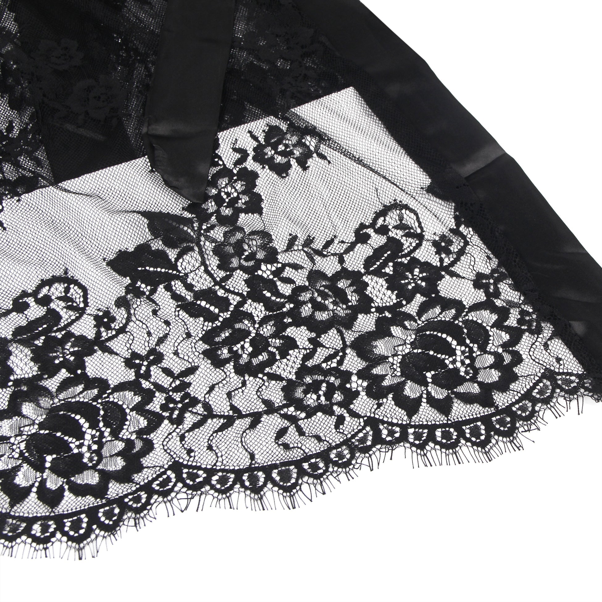 Black Eyelash Lace Open - Front Robe – Satin Placket, Long Sleeves, Satin Belt & Thong Set - TeaseFashion