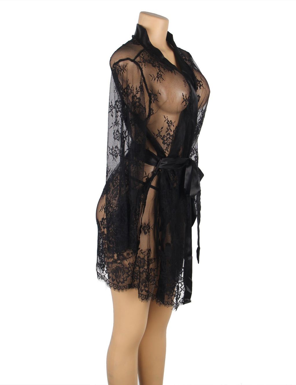 Black Eyelash Lace Open - Front Robe – Satin Placket, Long Sleeves, Satin Belt & Thong Set - TeaseFashion