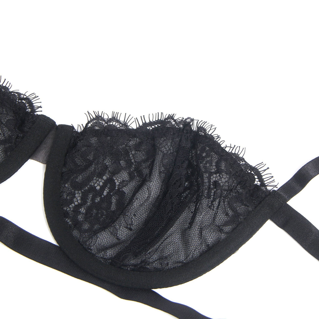 Black Eyelash Lace Underwired Bra Set with Elastic Underbust Band & Adjustable Straps - TeaseFashion
