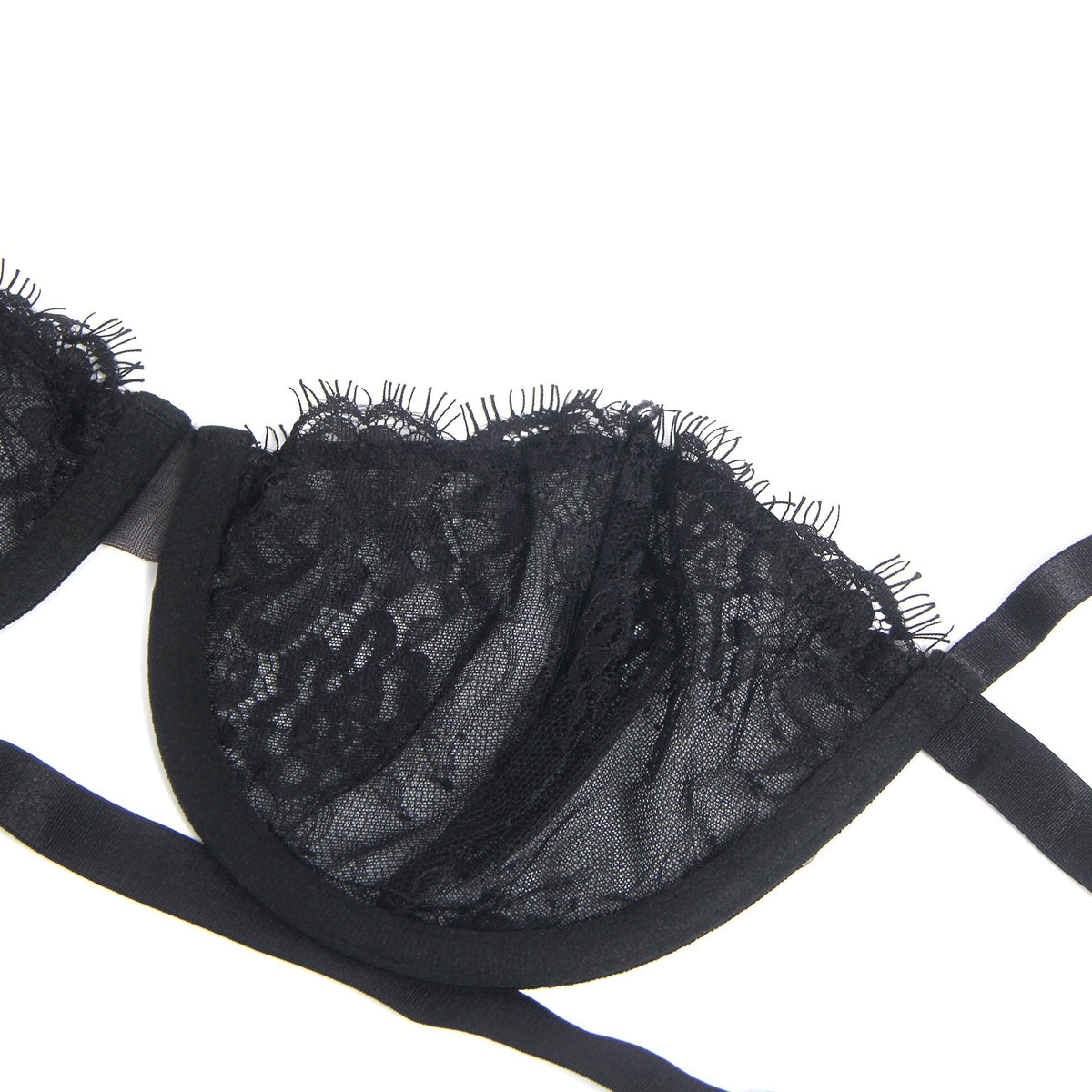 Black Eyelash Lace Underwired Bra Set with Elastic Underbust Band & Adjustable Straps - TeaseFashion