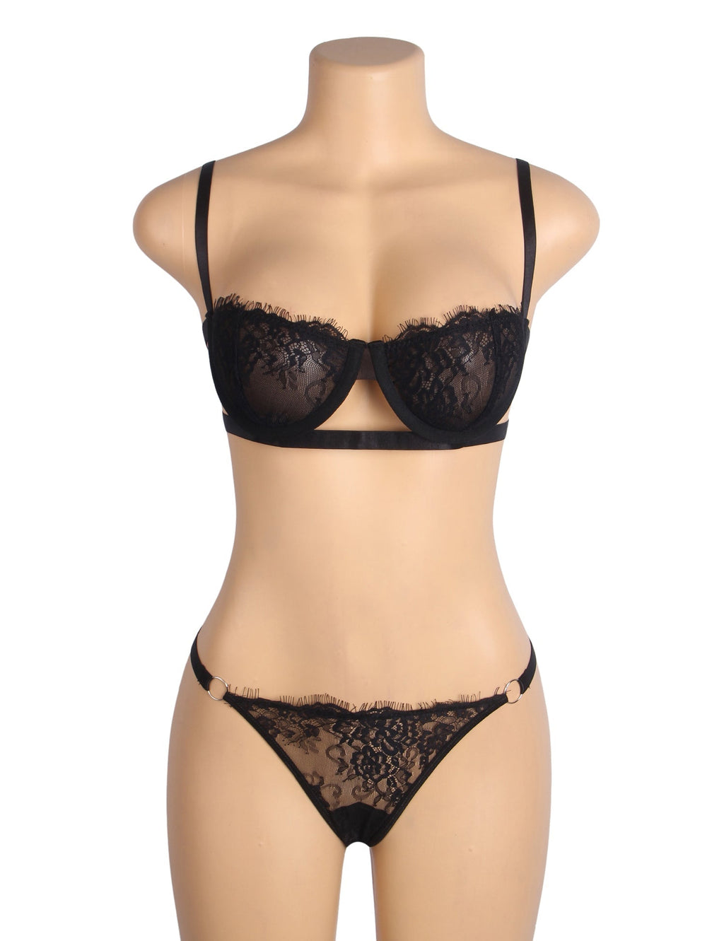 Black Eyelash Lace Underwired Bra Set with Elastic Underbust Band & Adjustable Straps - TeaseFashion