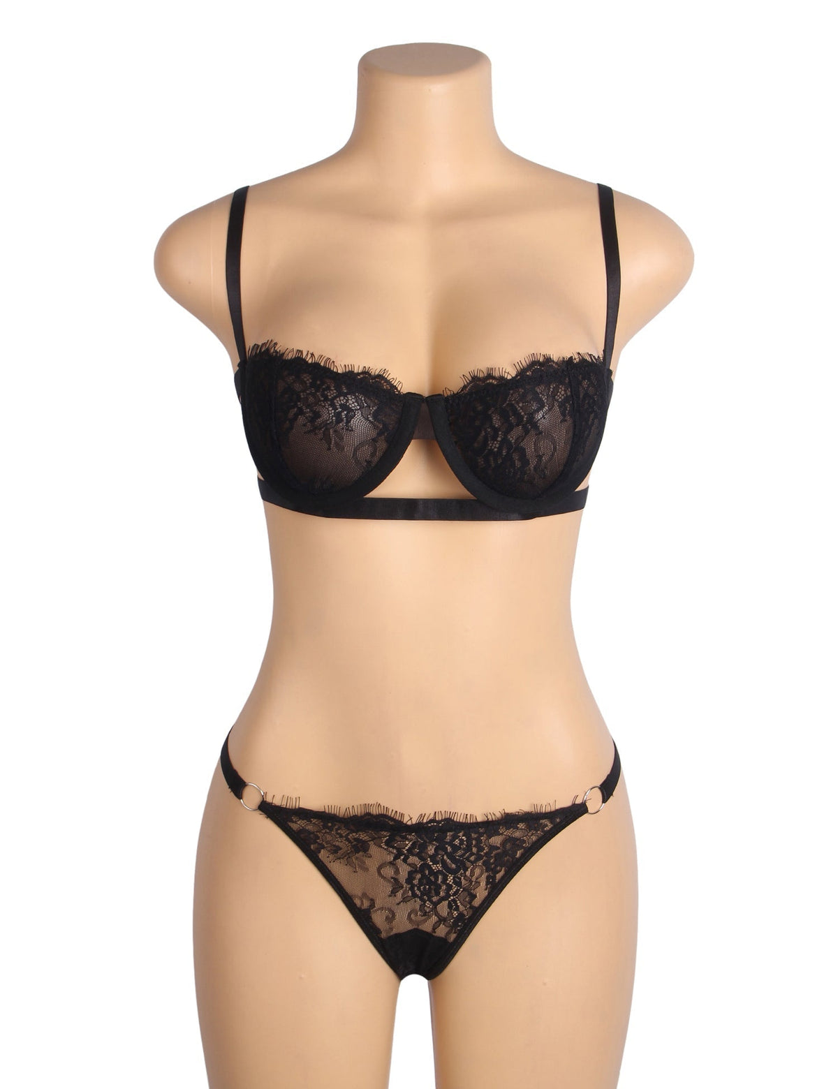 Black Eyelash Lace Underwired Bra Set with Elastic Underbust Band & Adjustable Straps - TeaseFashion