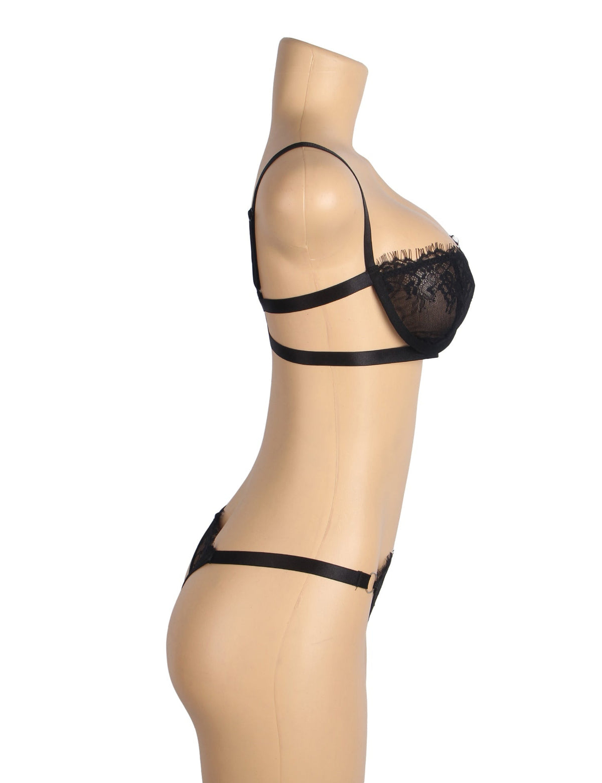 Black Eyelash Lace Underwired Bra Set with Elastic Underbust Band & Adjustable Straps - TeaseFashion