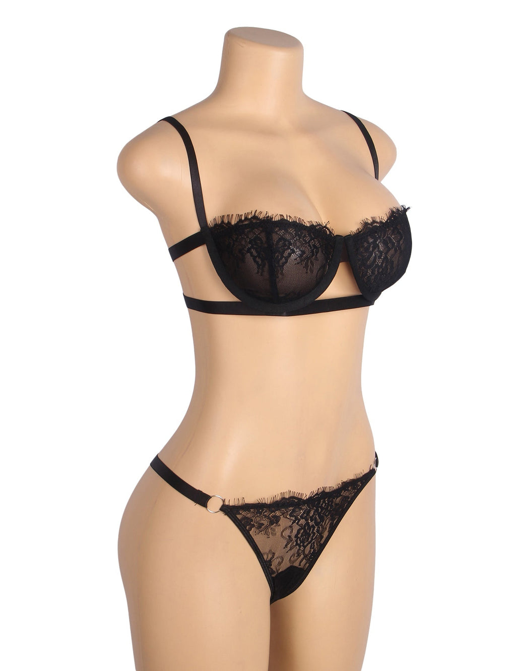 Black Eyelash Lace Underwired Bra Set with Elastic Underbust Band & Adjustable Straps - TeaseFashion
