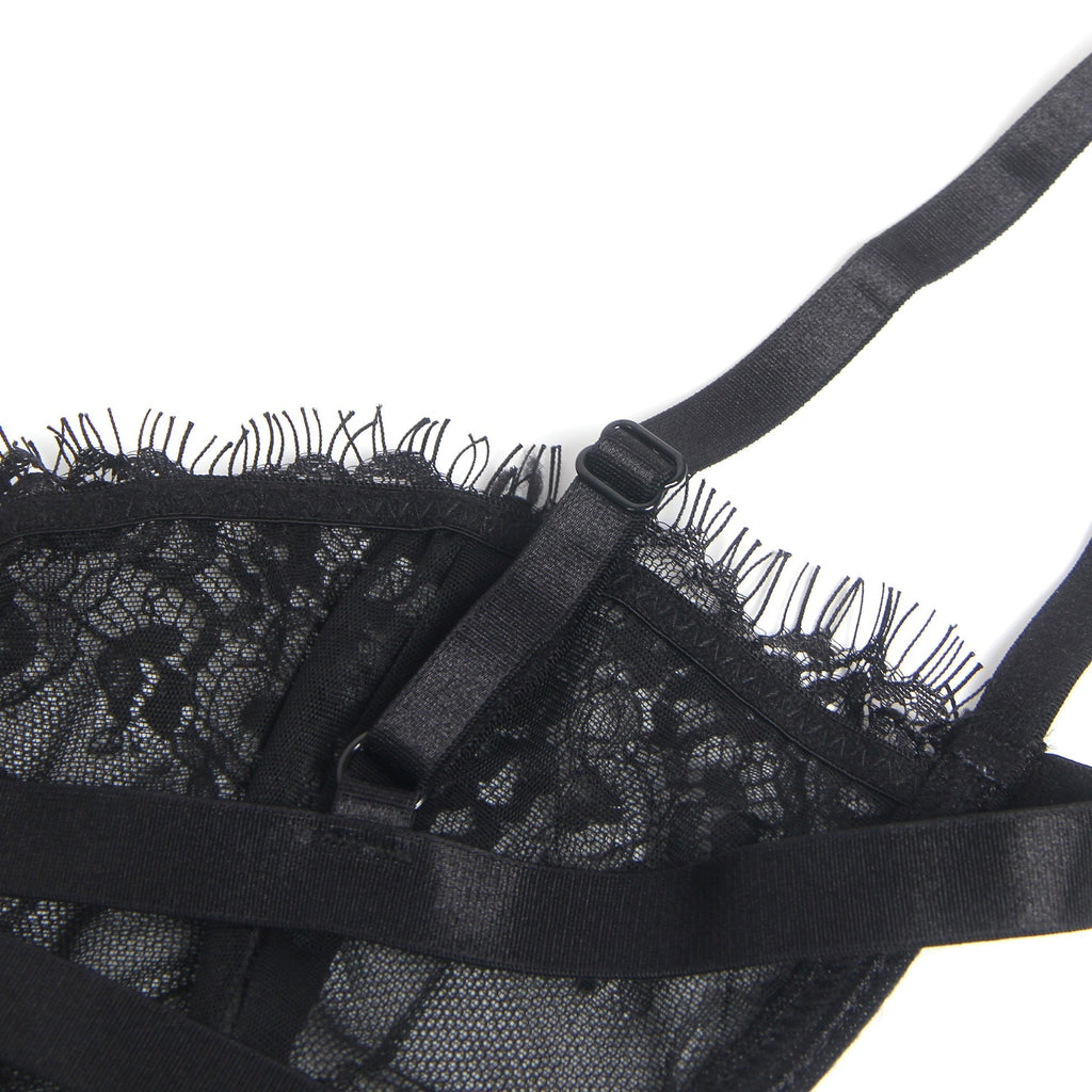 Black Eyelash Lace Underwired Bra Set with Elastic Underbust Band & Adjustable Straps - TeaseFashion