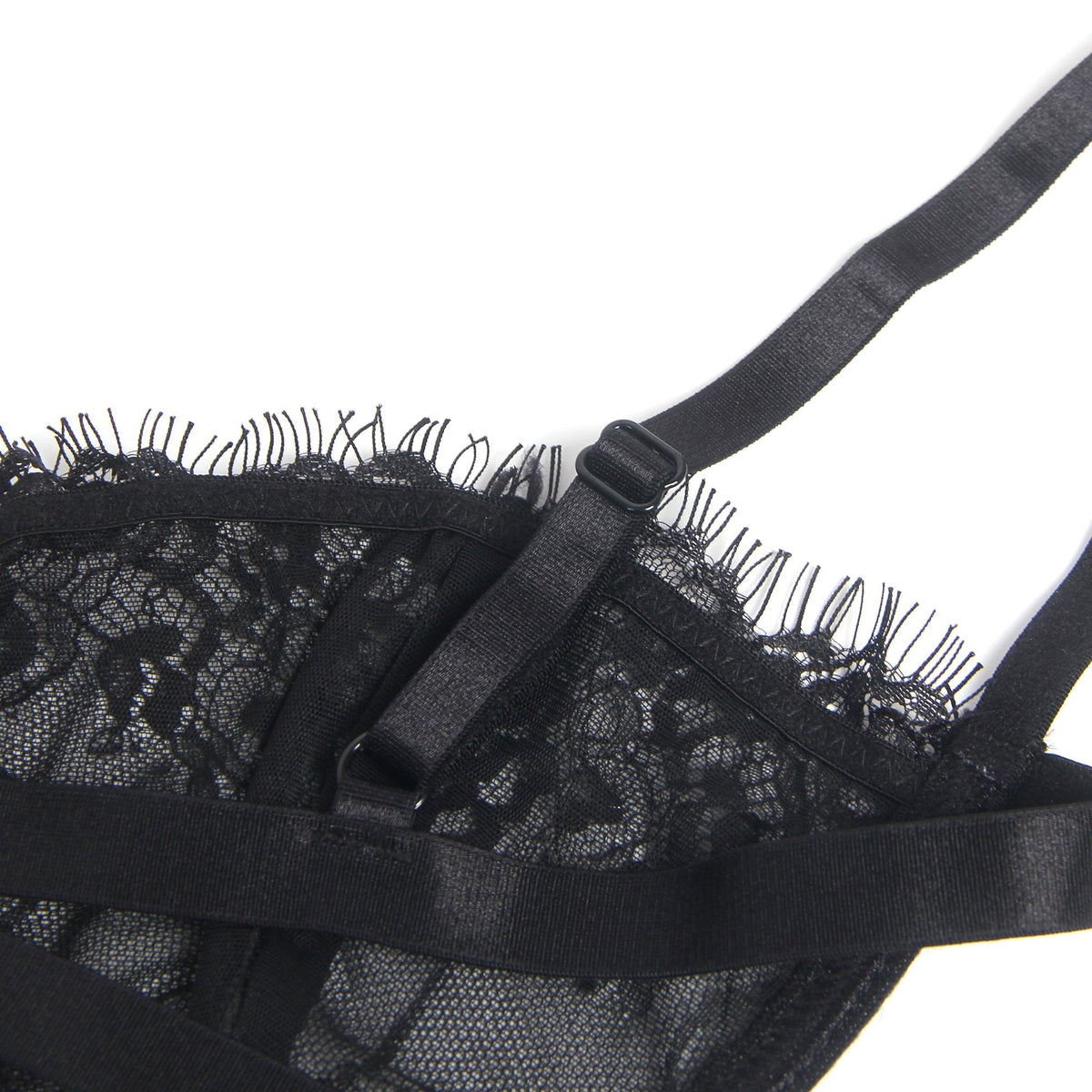 Black Eyelash Lace Underwired Bra Set with Elastic Underbust Band & Adjustable Straps - TeaseFashion