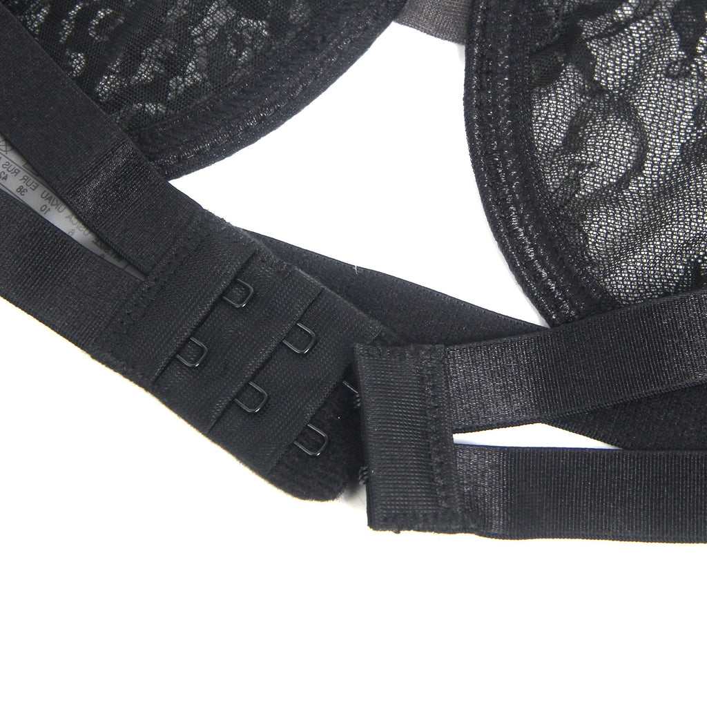 Black Eyelash Lace Underwired Bra Set with Elastic Underbust Band & Adjustable Straps - TeaseFashion