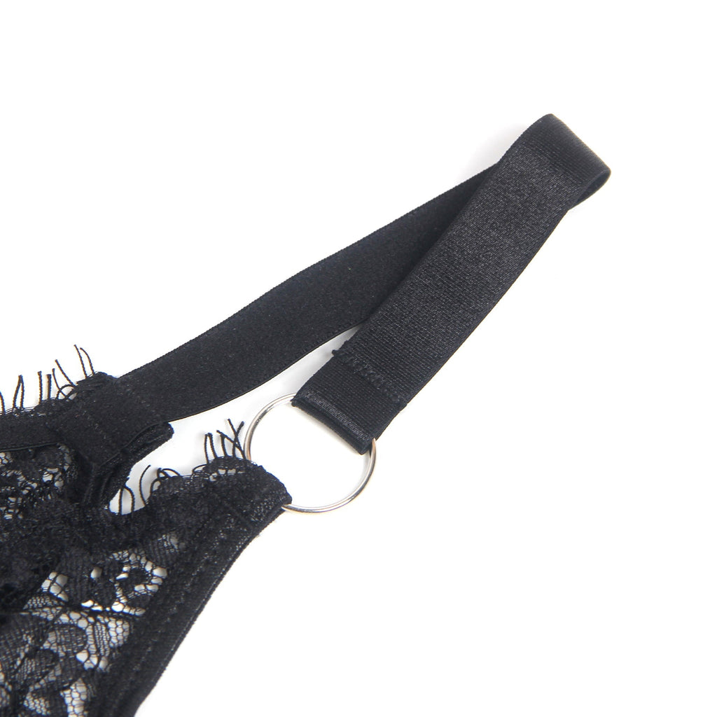 Black Eyelash Lace Underwired Bra Set with Elastic Underbust Band & Adjustable Straps - TeaseFashion
