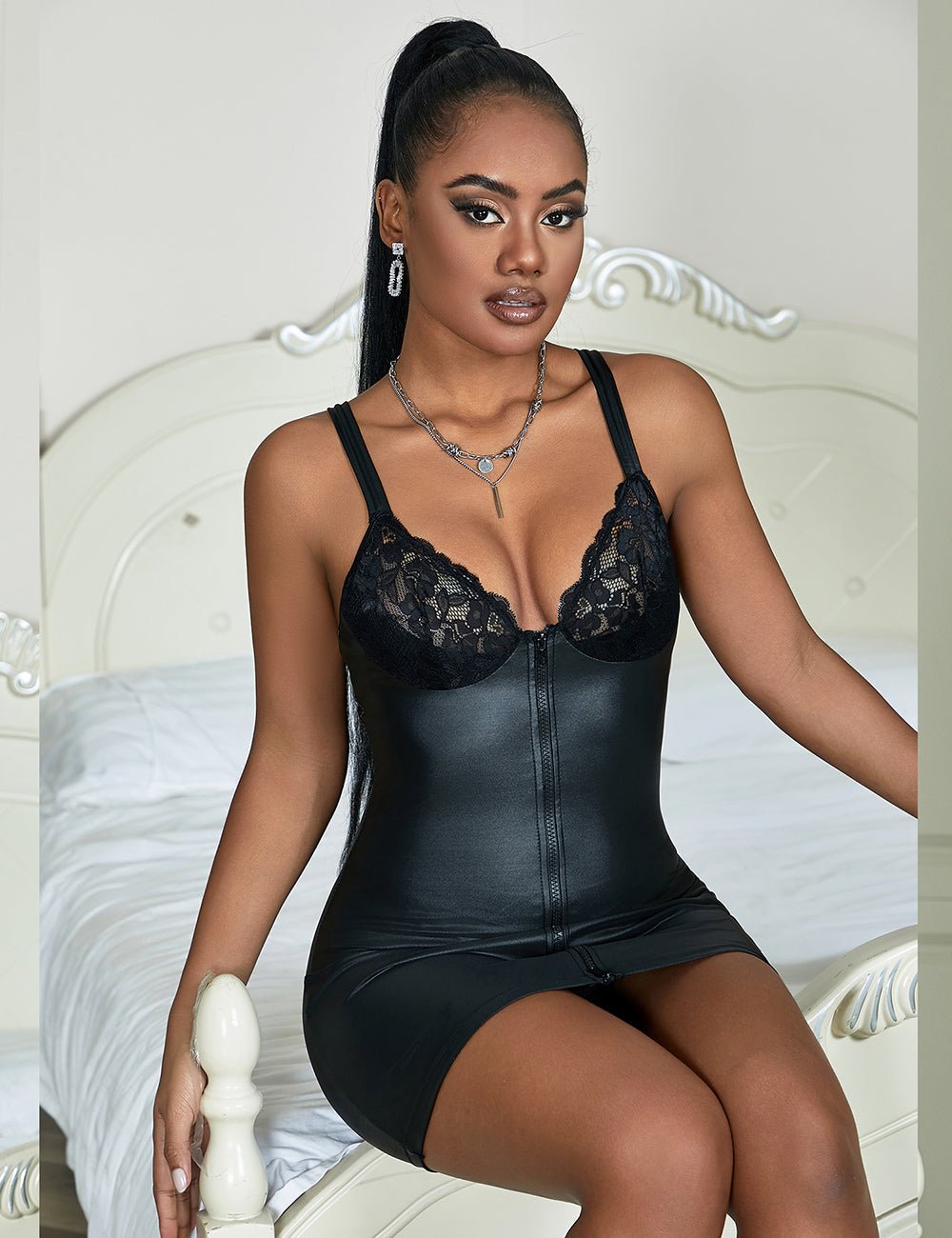 Black Faux Leather Bodycon Mini Dress – Lace Chest Splicing, Front Zipper & Wide Adjustable Straps - TeaseFashion