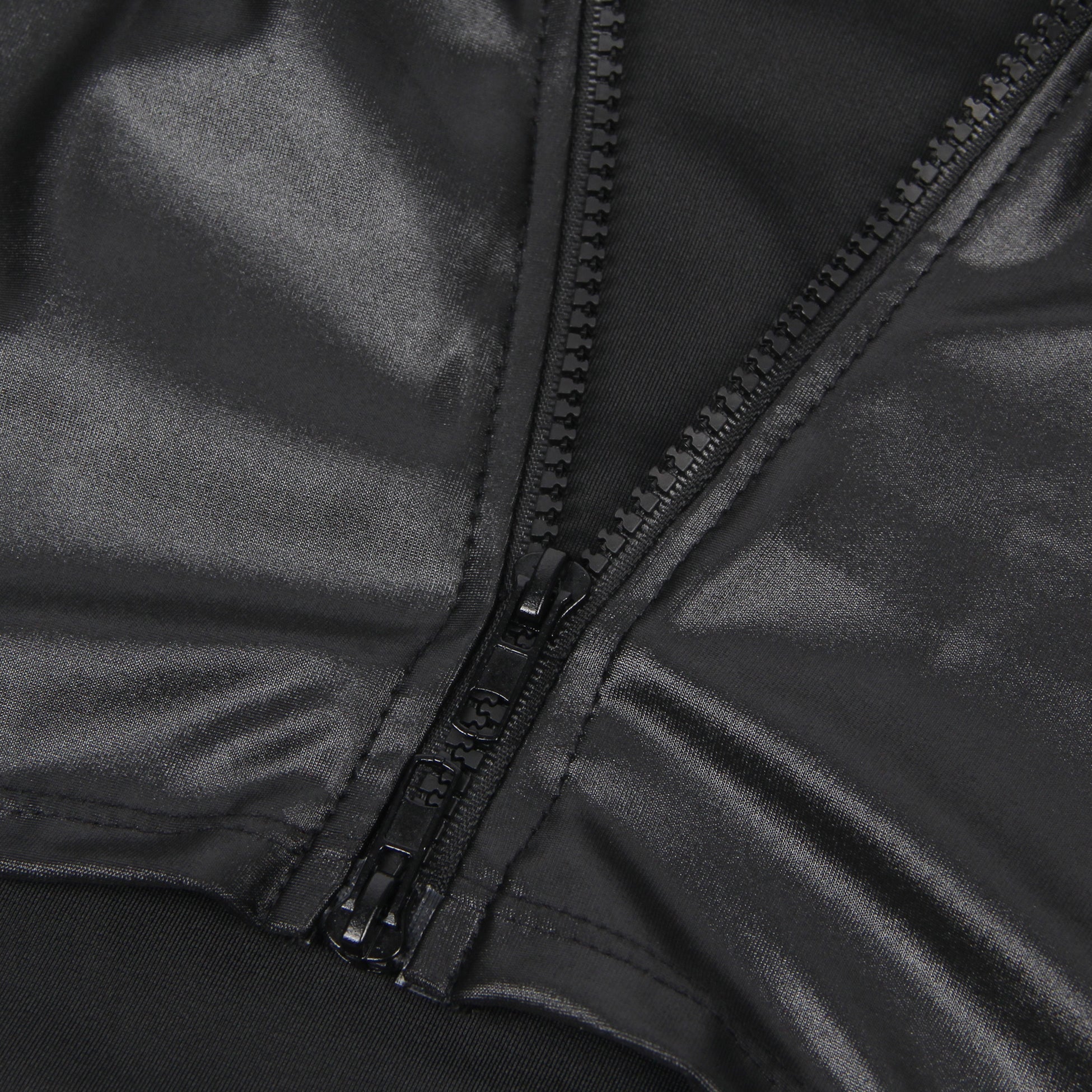 Black Faux Leather Bodycon Mini Dress – Lace Chest Splicing, Front Zipper & Wide Adjustable Straps - TeaseFashion