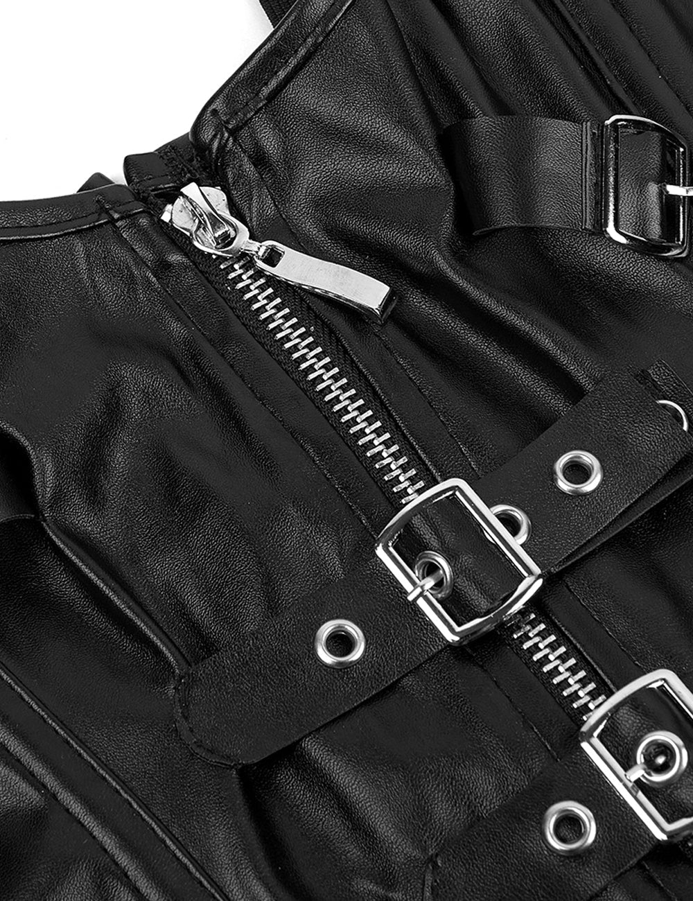 Black Faux Leather Corset – Square Buckles, Front Zip & 12 Bones - TeaseFashion