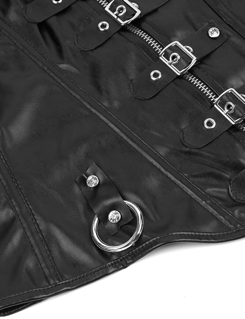 Black Faux Leather Corset – Square Buckles, Front Zip & 12 Bones - TeaseFashion