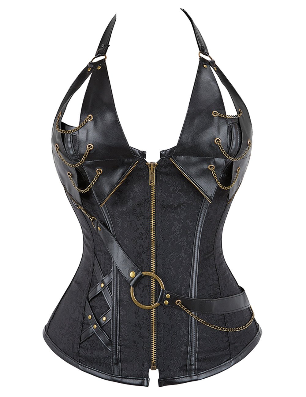 Black Faux Leather Halter Bodysuit – Chains, Rivets & 14 Soft Bones - TeaseFashion