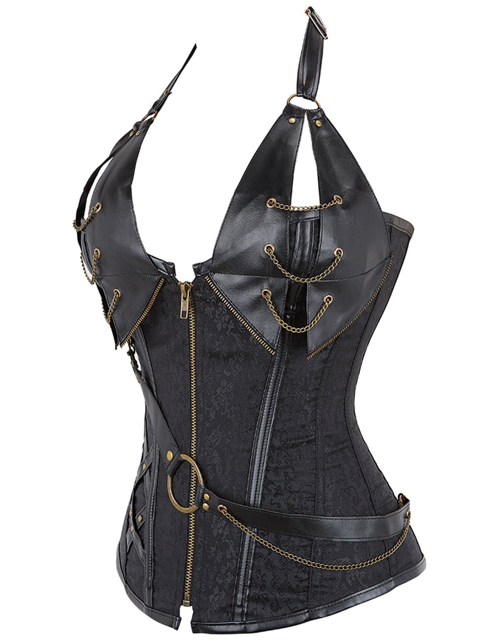 Black Faux Leather Halter Bodysuit – Chains, Rivets & 14 Soft Bones - TeaseFashion