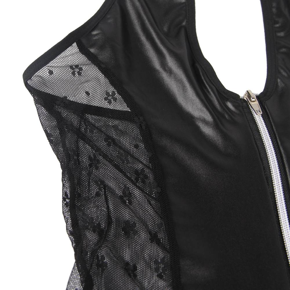 Black Faux Leather Halter Lingerie Set – Silver Zipper, Open Criss - Cross Back, Ruffled Lace Skirt & Detachable Garters - TeaseFashion