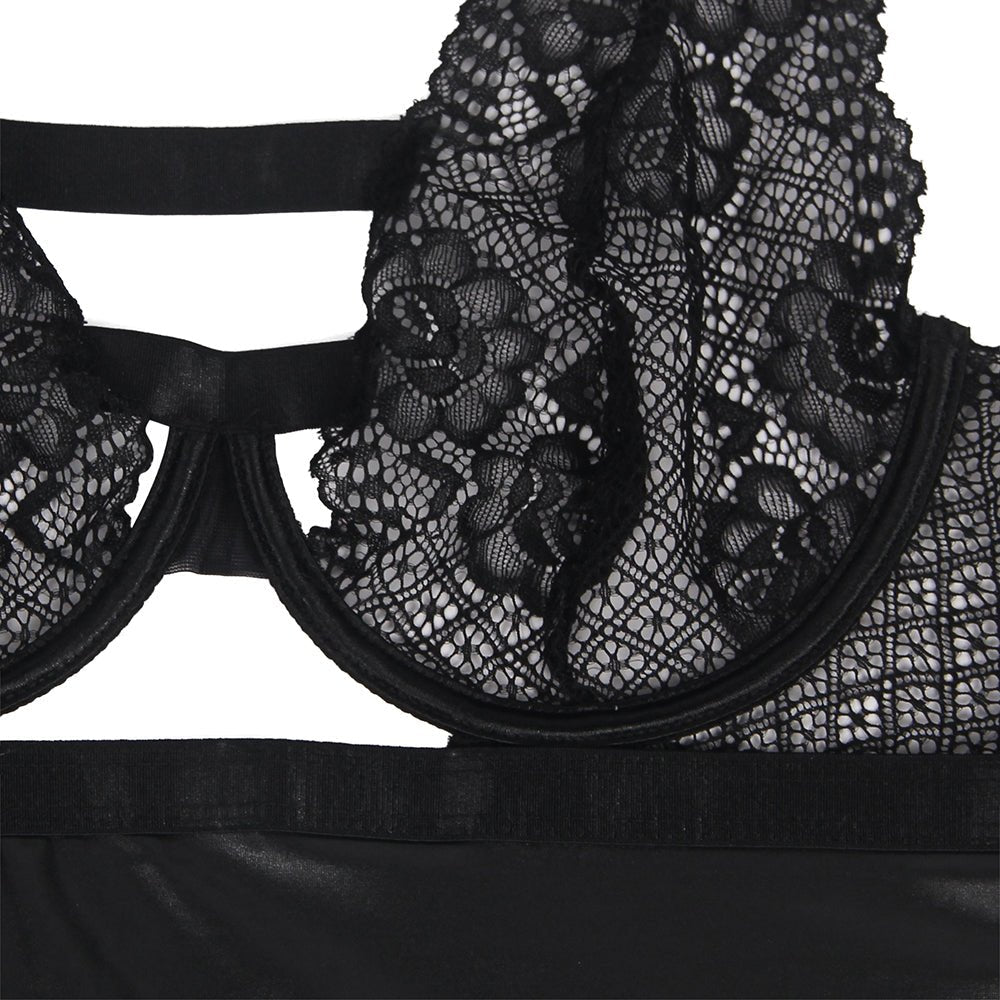 Black Faux Leather Lace Lingerie – Underwire Ring, Heart Cut - Out, Open Back & 9 - Hook Closure - TeaseFashion