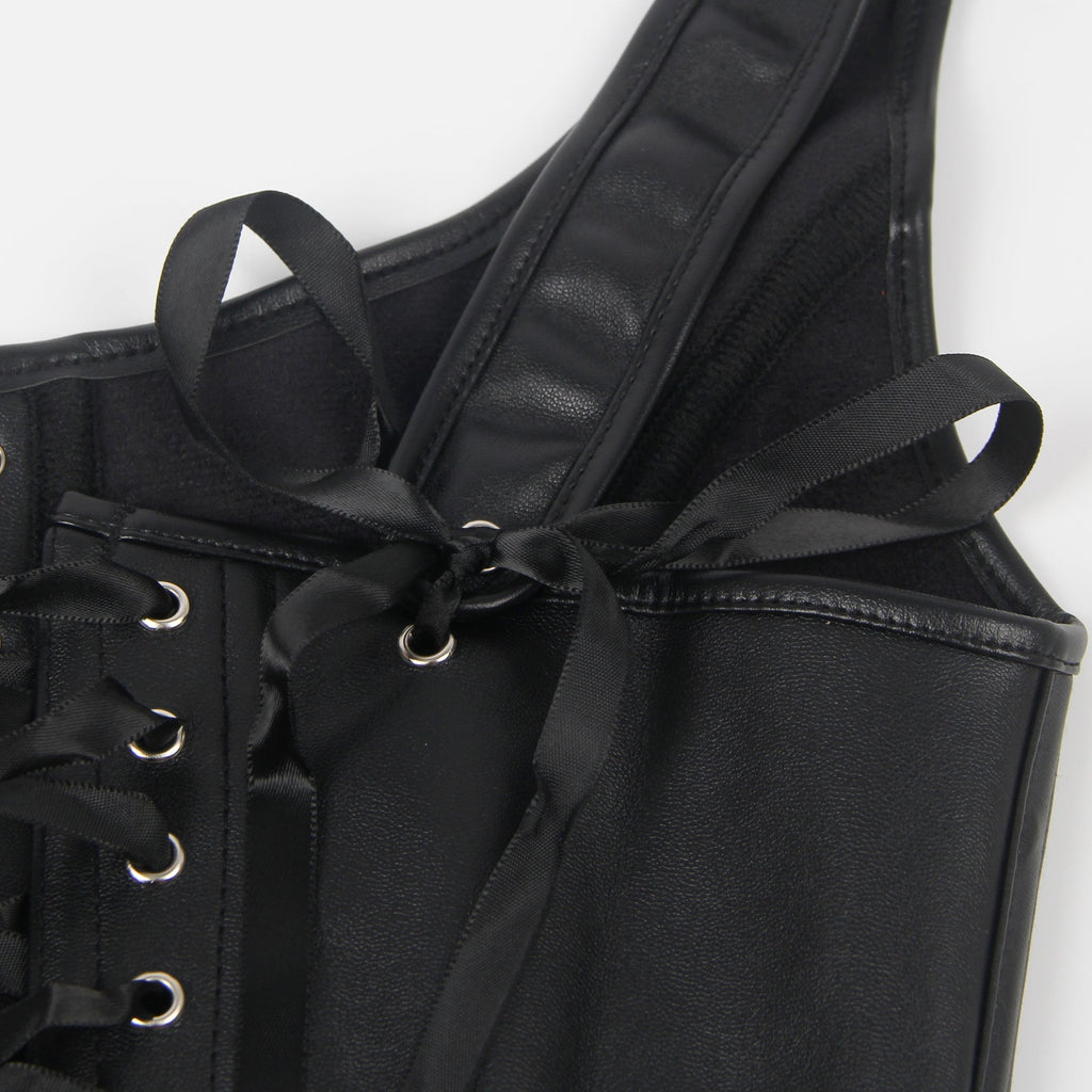 Black Faux Leather Tank Corset – 12 Soft Bones & Crisscross Straps - TeaseFashion