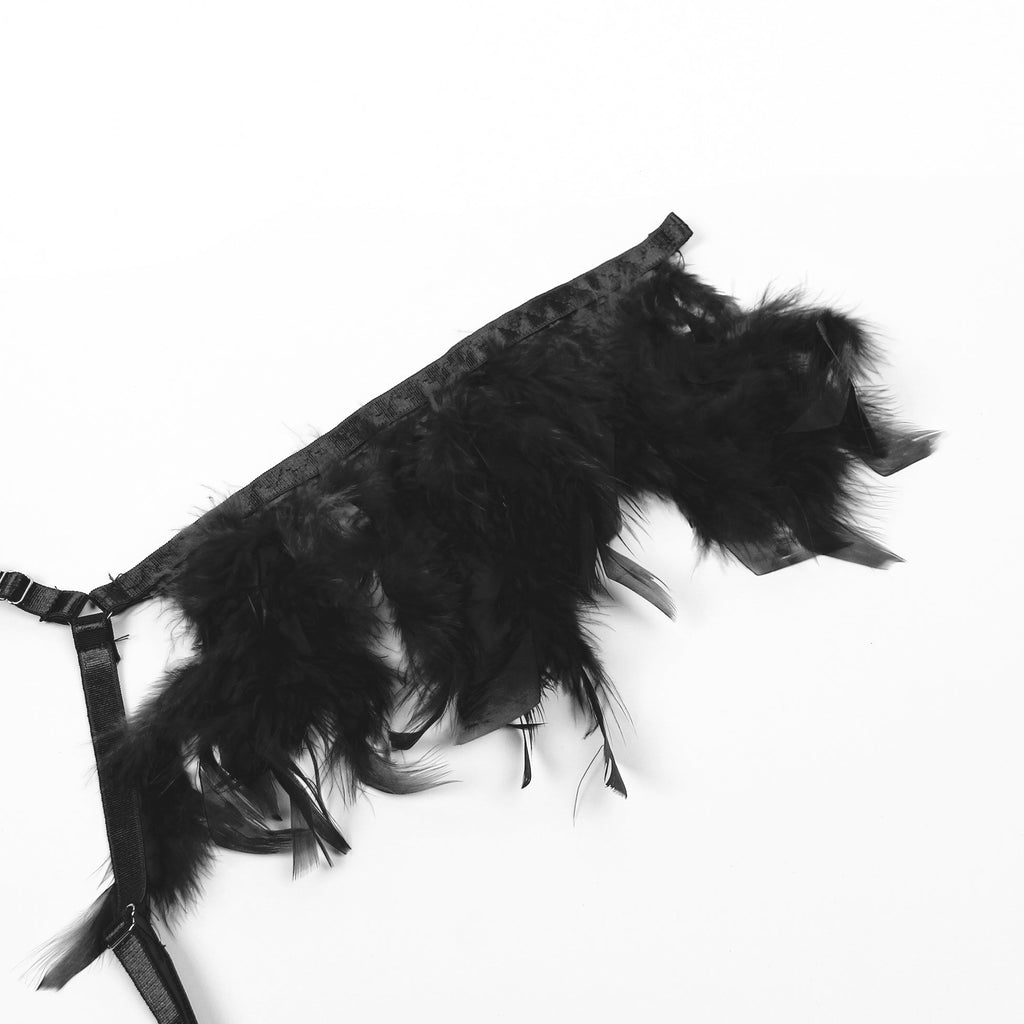 Black Feather, Lace & Chain Bra Garter Set – Eyelash Lace & Underwire - TeaseFashion