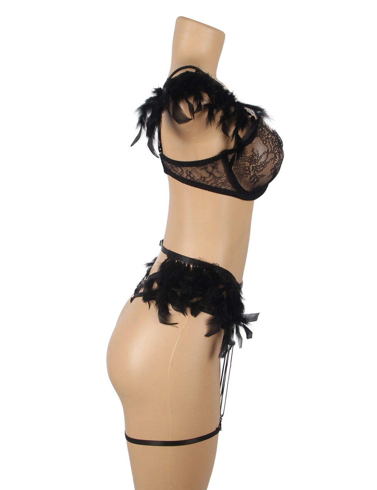 Black Feather, Lace & Chain Bra Garter Set – Eyelash Lace & Underwire - TeaseFashion