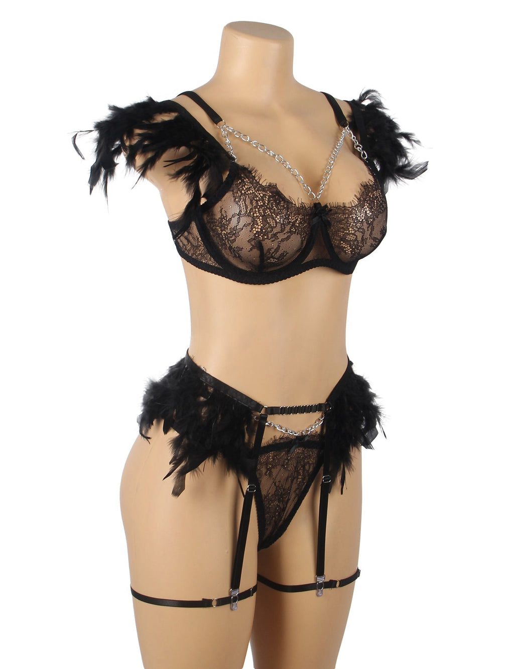 Black Feather, Lace & Chain Bra Garter Set – Eyelash Lace & Underwire - TeaseFashion