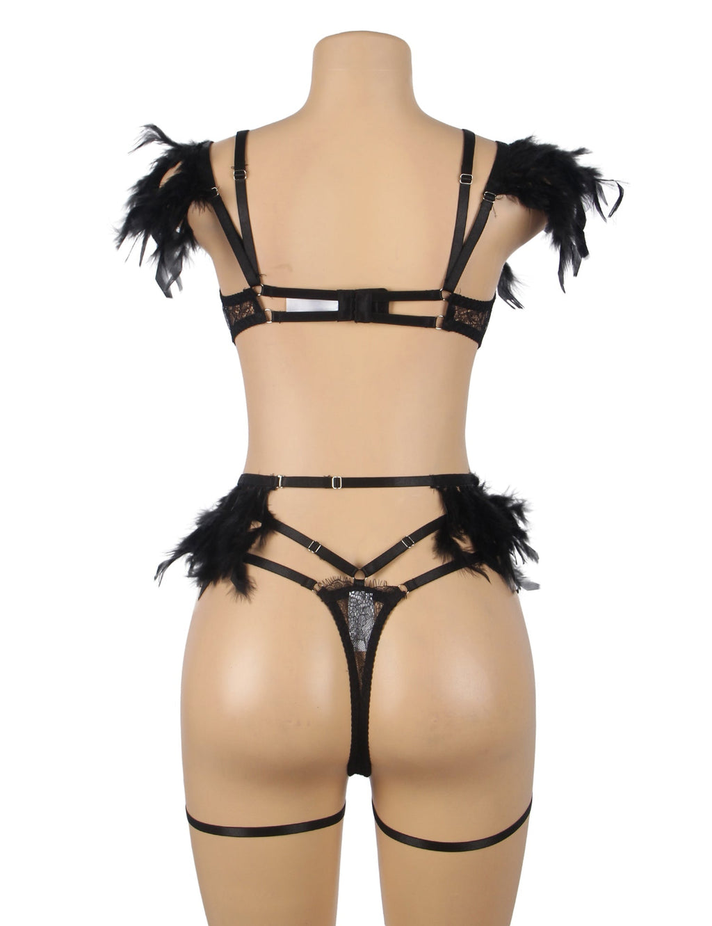 Black Feather, Lace & Chain Bra Garter Set – Eyelash Lace & Underwire - TeaseFashion