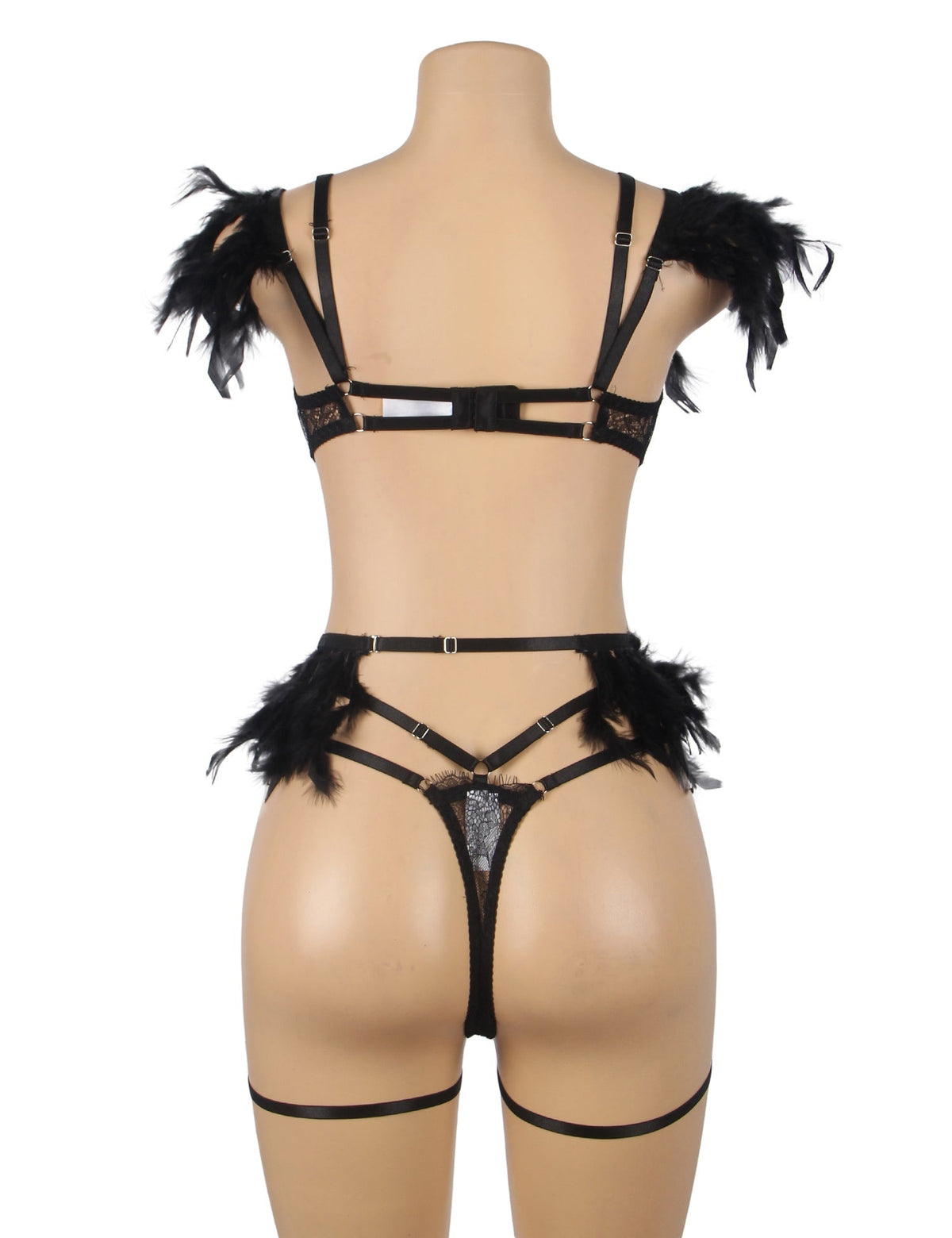 Black Feather, Lace & Chain Bra Garter Set – Eyelash Lace & Underwire - TeaseFashion