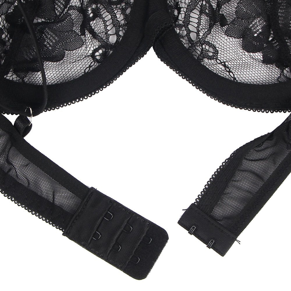 Black Feather & Lace Garter Lingerie Set – Eyelash Lace & Underwire - TeaseFashion
