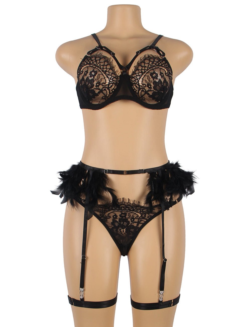 Black Feather & Lace Garter Lingerie Set – Eyelash Lace & Underwire - TeaseFashion