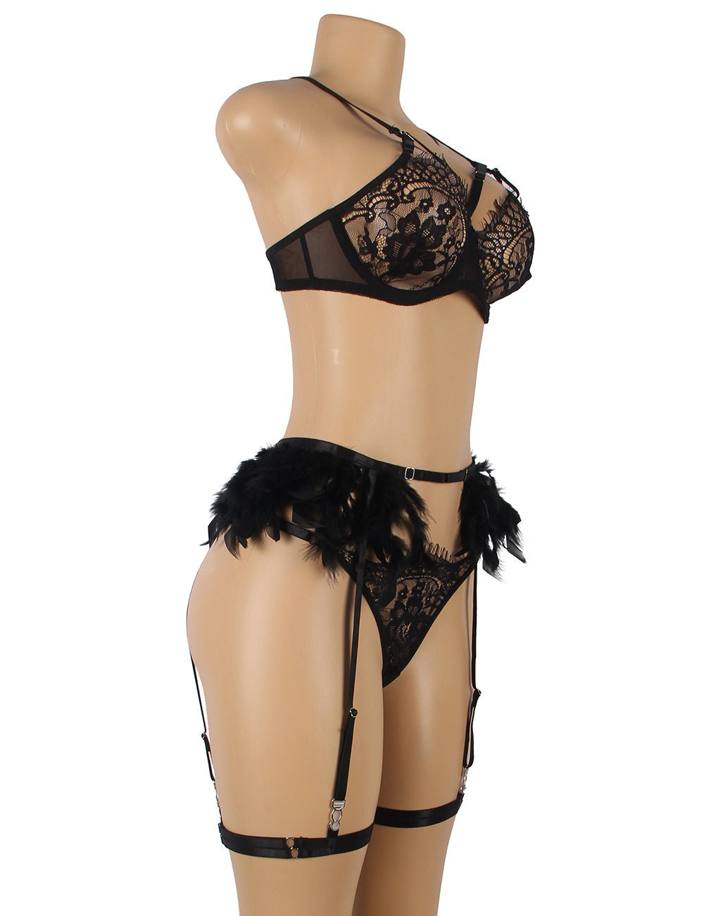 Black Feather & Lace Garter Lingerie Set – Eyelash Lace & Underwire - TeaseFashion