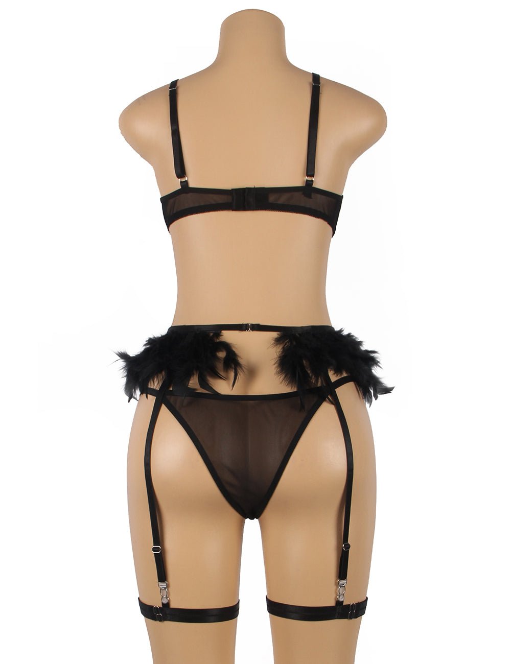 Black Feather & Lace Garter Lingerie Set – Eyelash Lace & Underwire - TeaseFashion