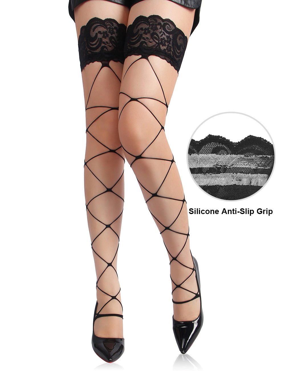 Black Fence Net Thigh - High Stockings with Silicone Non - Slip Grip - TeaseFashion
