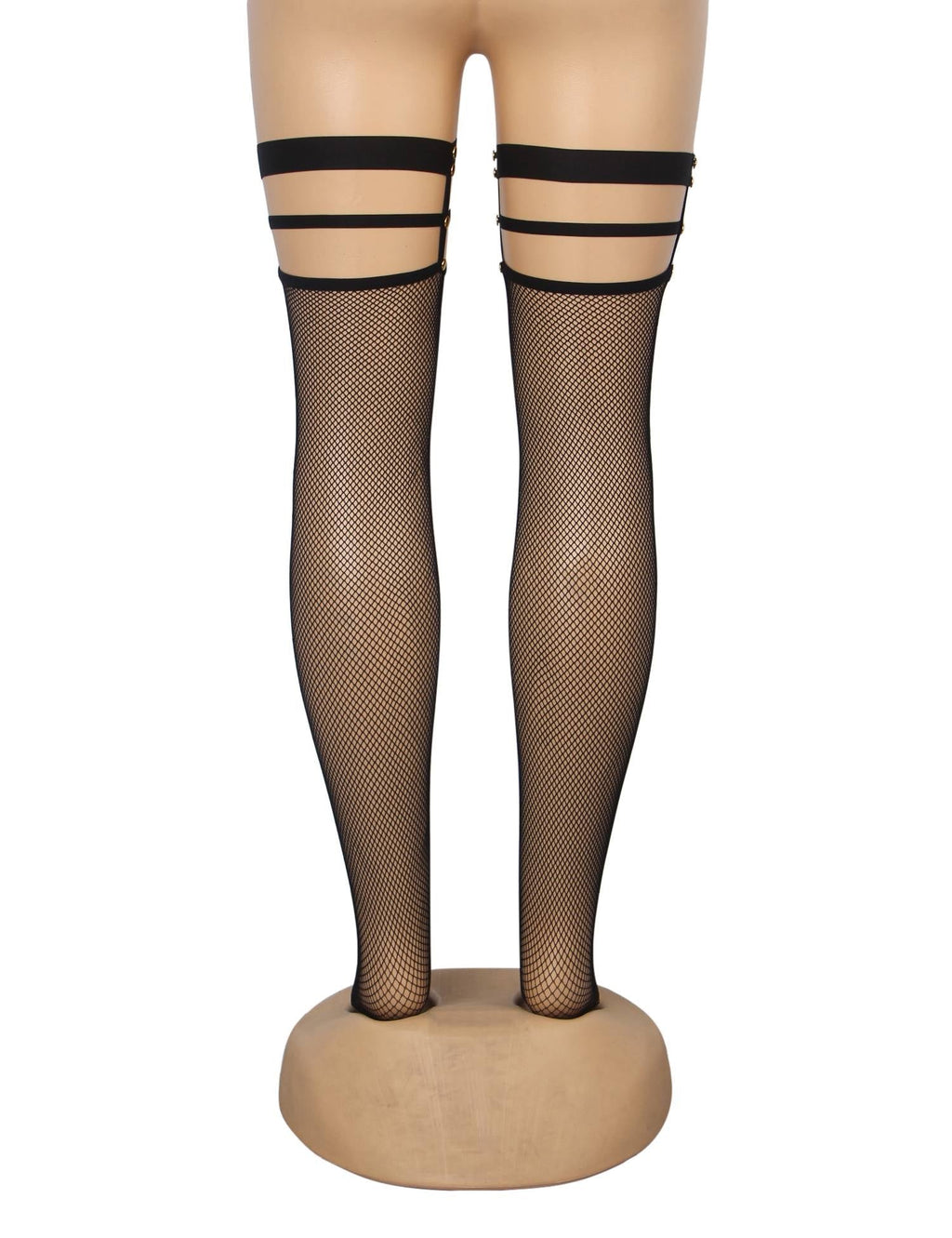 Black Fine - Mesh Fishnet Thigh - High Stockings with Studded Elastic Top Band - TeaseFashion