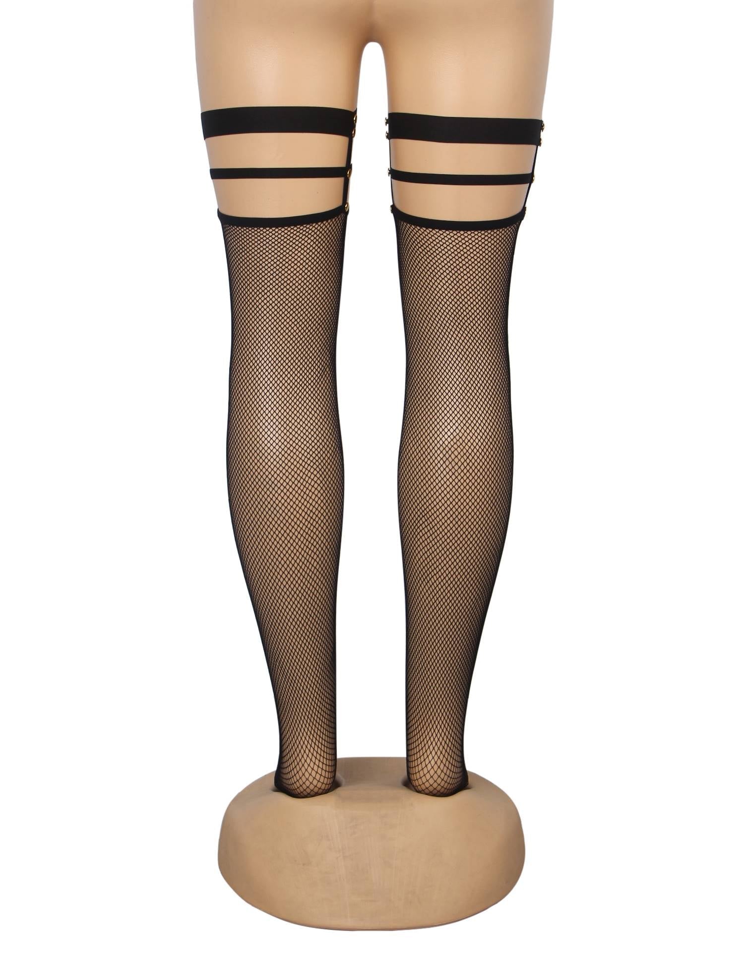 Black Fine - Mesh Fishnet Thigh - High Stockings with Studded Elastic Top Band - TeaseFashion