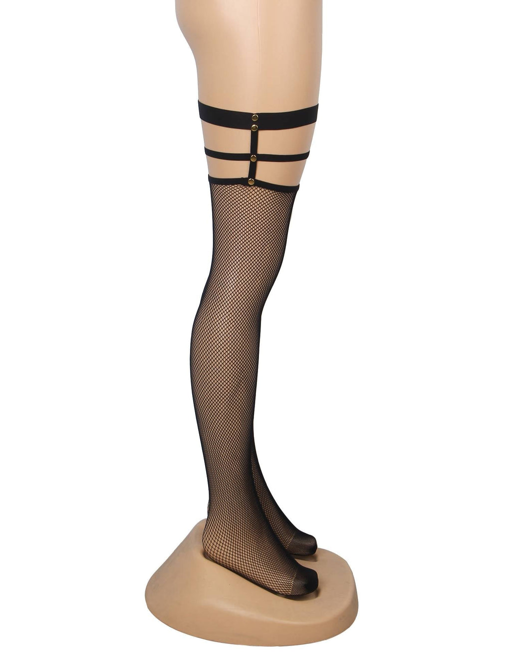 Black Fine - Mesh Fishnet Thigh - High Stockings with Studded Elastic Top Band - TeaseFashion