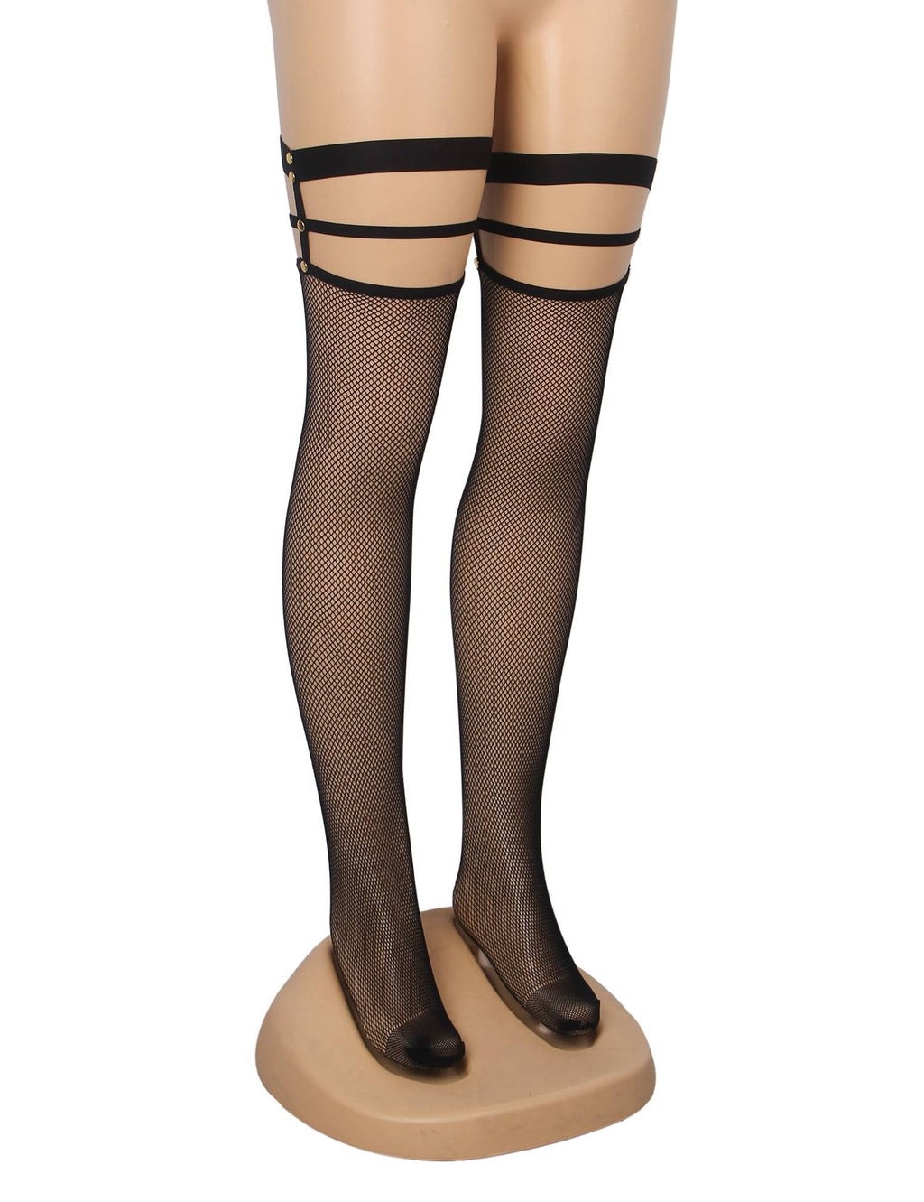 Black Fine - Mesh Fishnet Thigh - High Stockings with Studded Elastic Top Band - TeaseFashion
