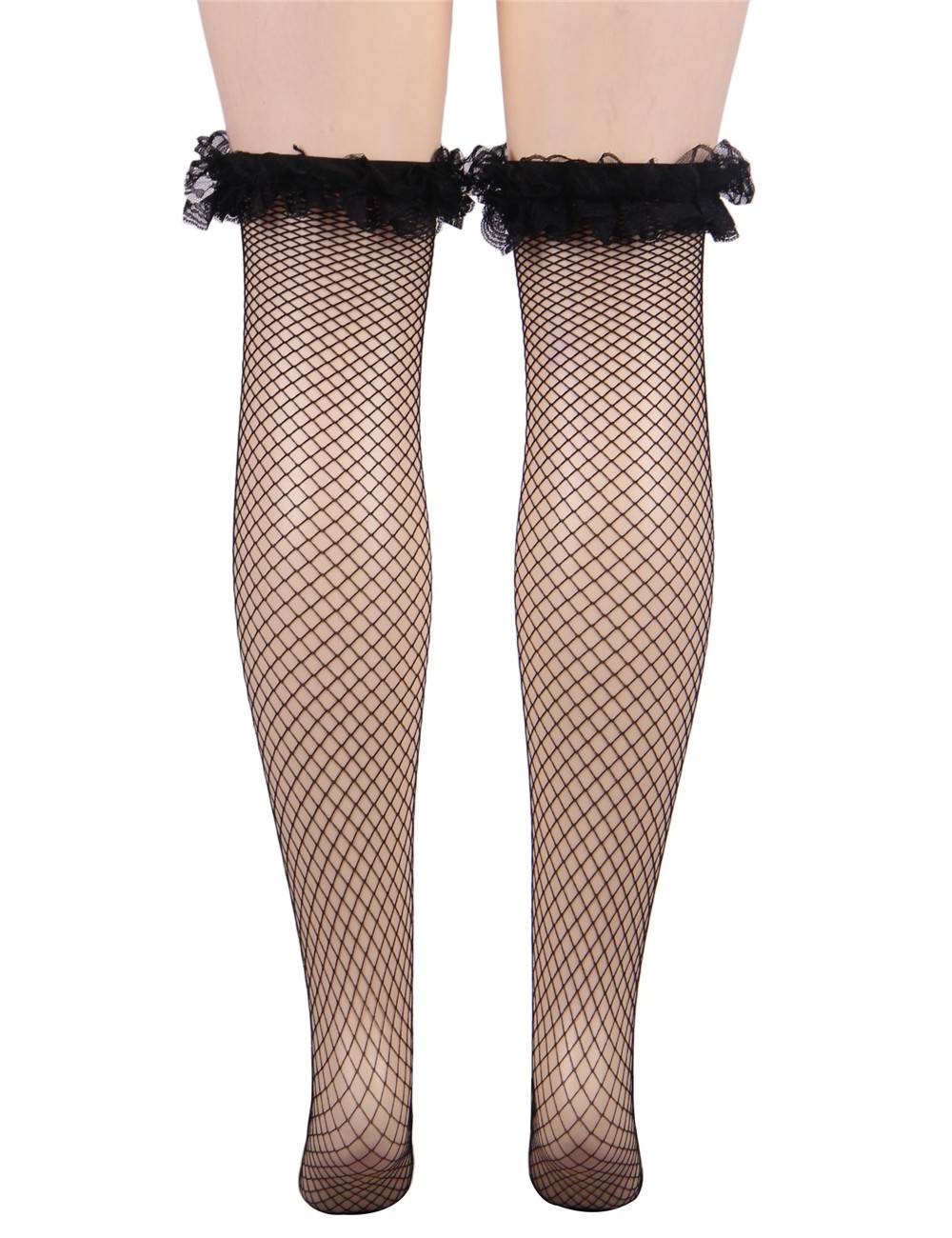 Black Fishnet Lace - Up Stockings - TeaseFashion