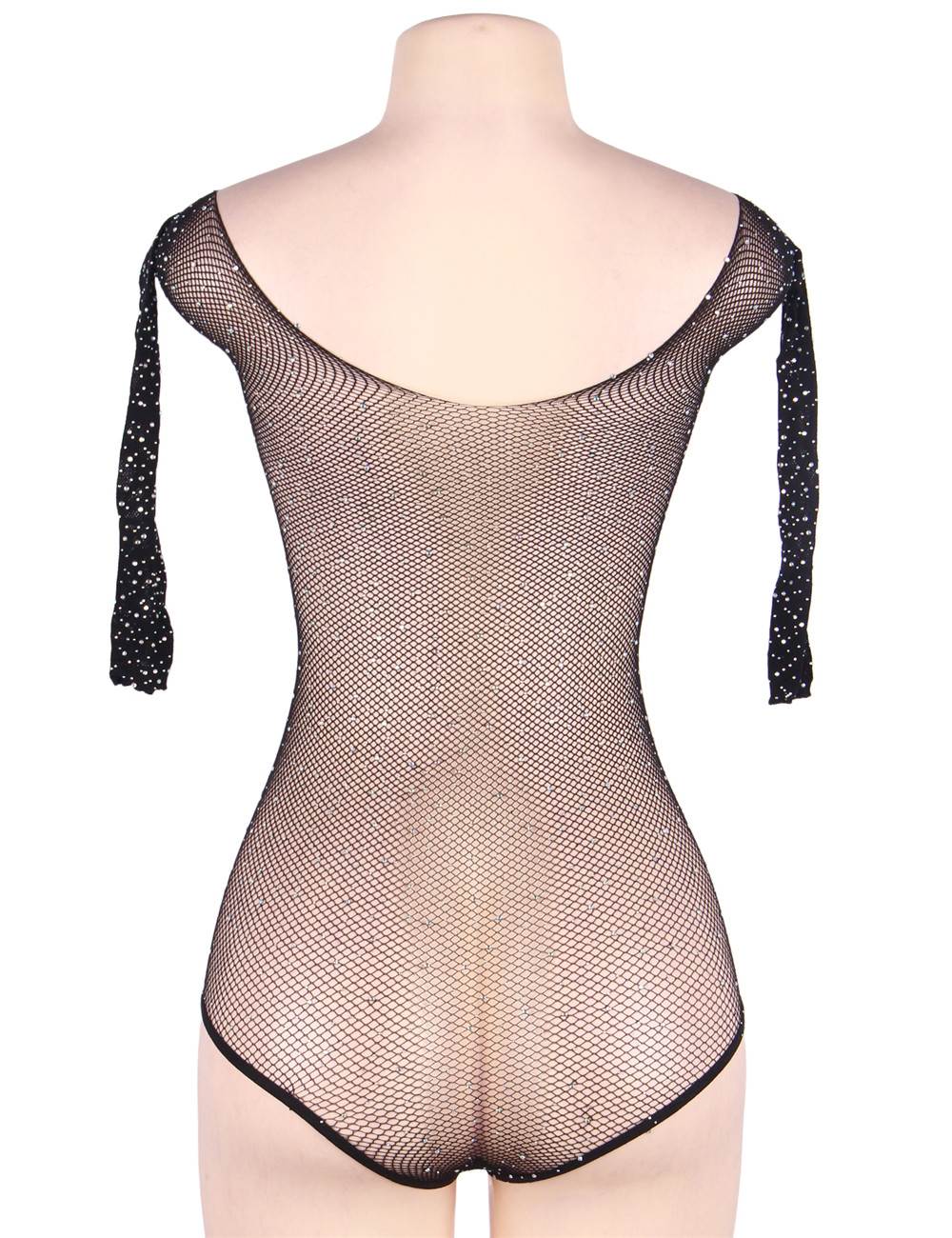 Black Fishnet Long - Sleeve Off - Shoulder Rhinestone Bodysuit - TeaseFashion