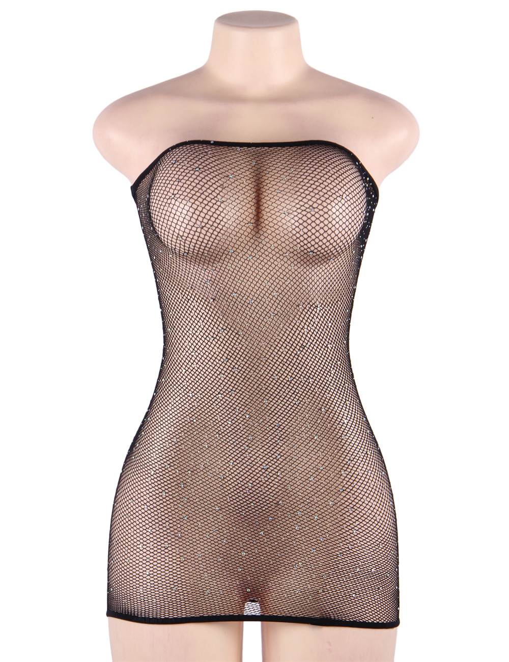 Black Fishnet Off - Shoulder Crystal Sparkle Bodystocking - TeaseFashion