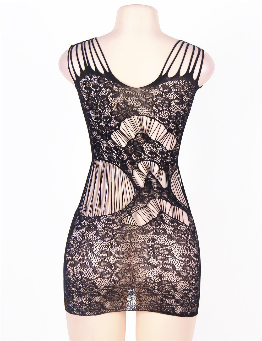 Black Fishnet & Striped Mesh Sleeveless Bodycon Dress - TeaseFashion