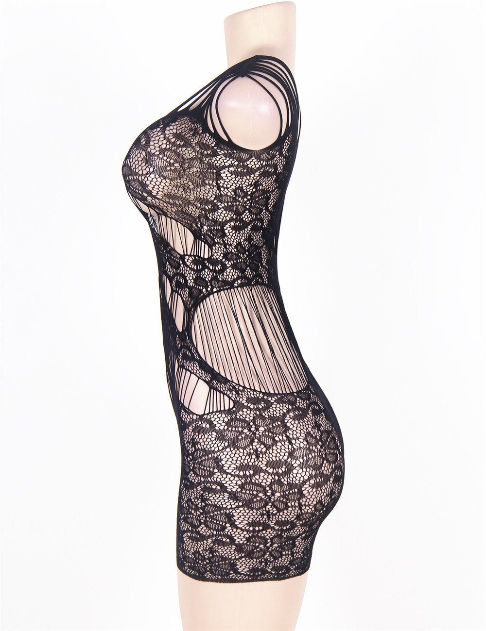 Black Fishnet & Striped Mesh Sleeveless Bodycon Dress - TeaseFashion