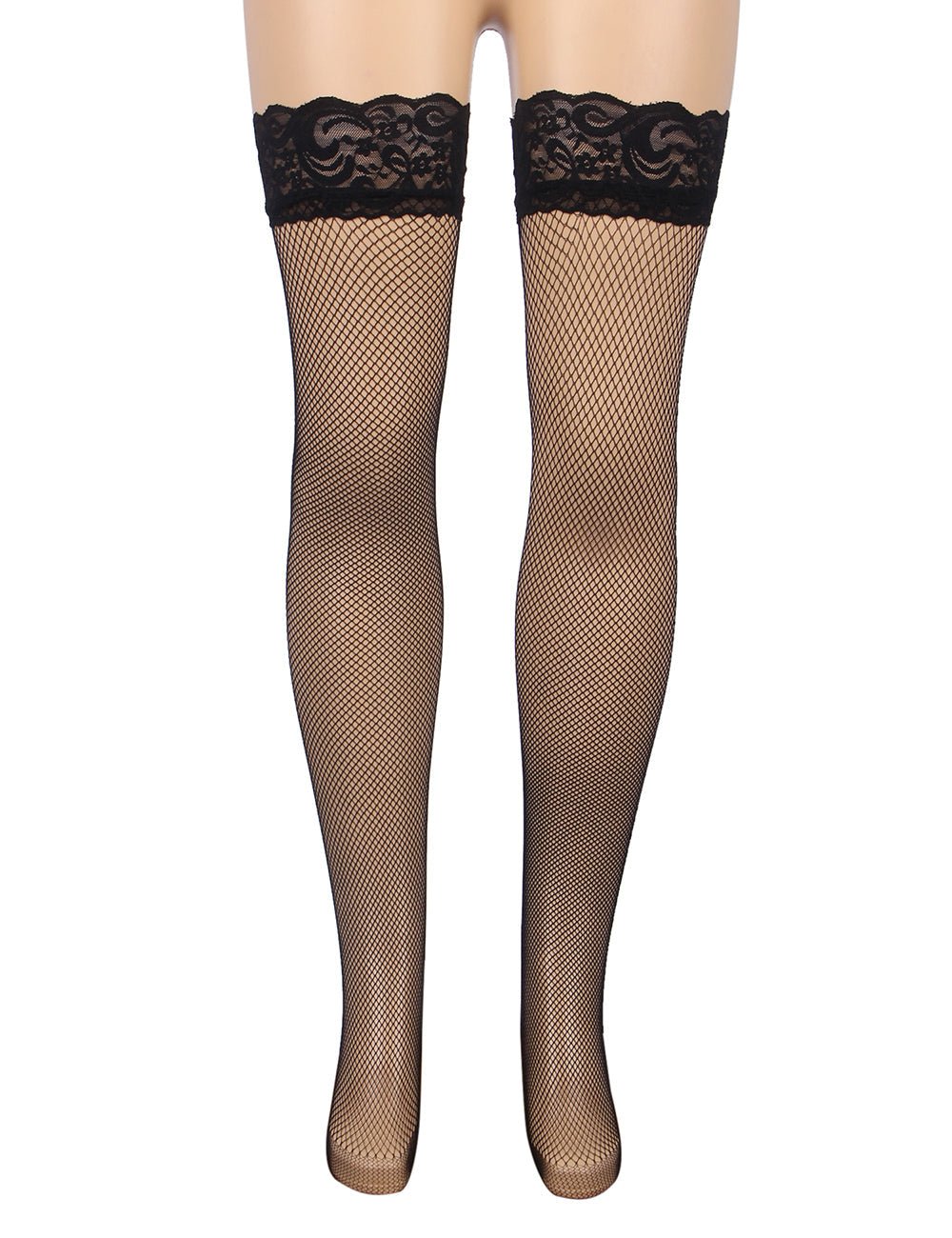 Black Fishnet Thigh - High Stockings with Lace Top & Silicone Stay - Up Grip - TeaseFashion