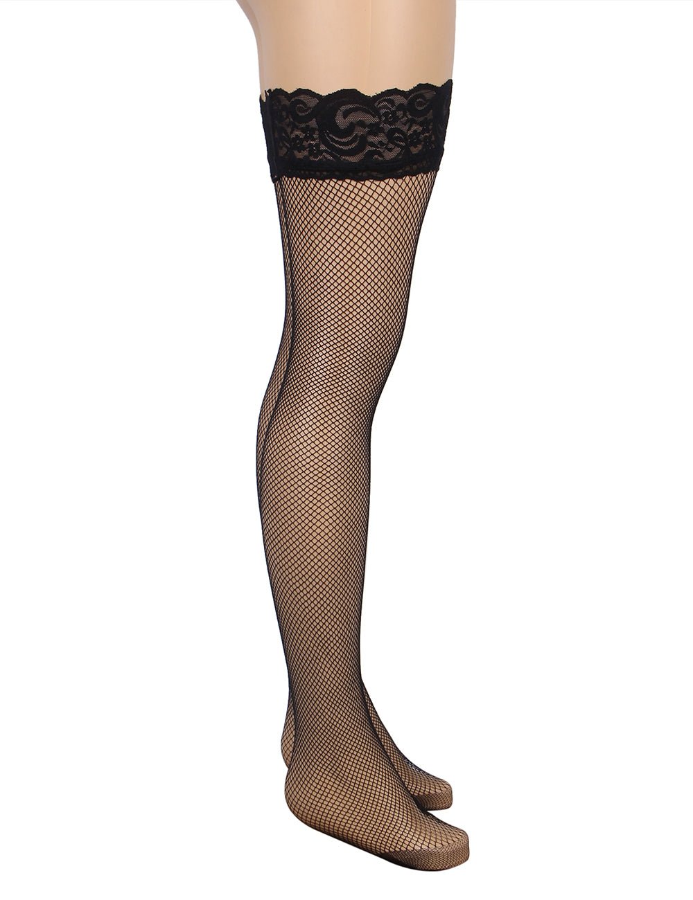 Black Fishnet Thigh - High Stockings with Lace Top & Silicone Stay - Up Grip - TeaseFashion