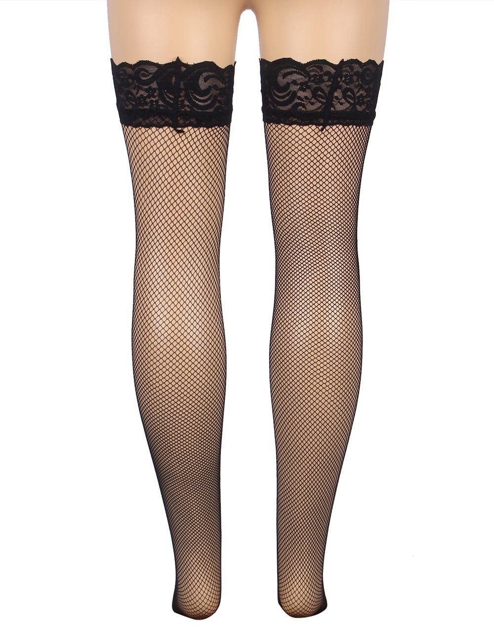 Black Fishnet Thigh - High Stockings with Lace Top & Silicone Stay - Up Grip - TeaseFashion