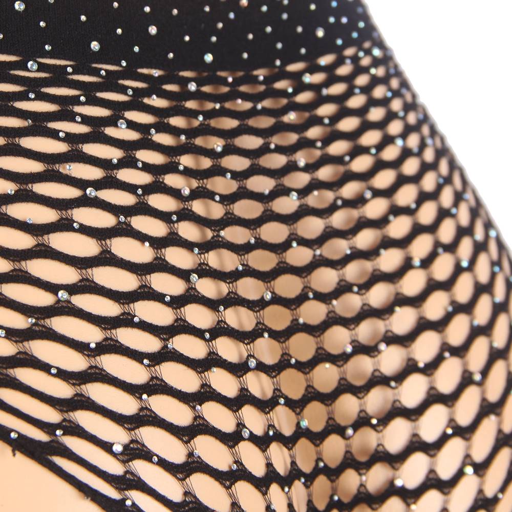 Black Fishnet Two - Piece Set – Rhinestone Pattern, High Neck Top & Shorts - TeaseFashion