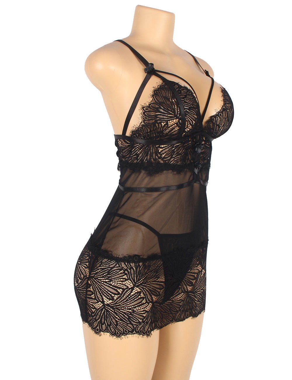 Black Fitted Lace Babydoll with Adjustable Shoulder Straps - TeaseFashion
