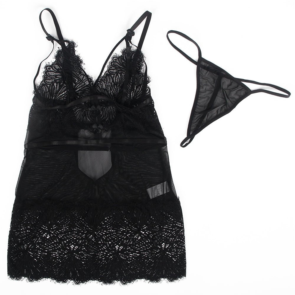 Black Fitted Lace Babydoll with Adjustable Shoulder Straps - TeaseFashion
