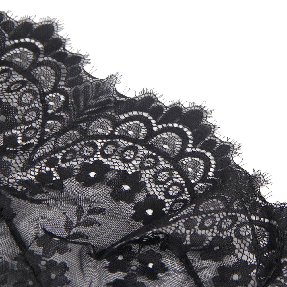 Black Floral Eyelash Lace Bra Set with Adjustable Neck & Chest Straps - TeaseFashion