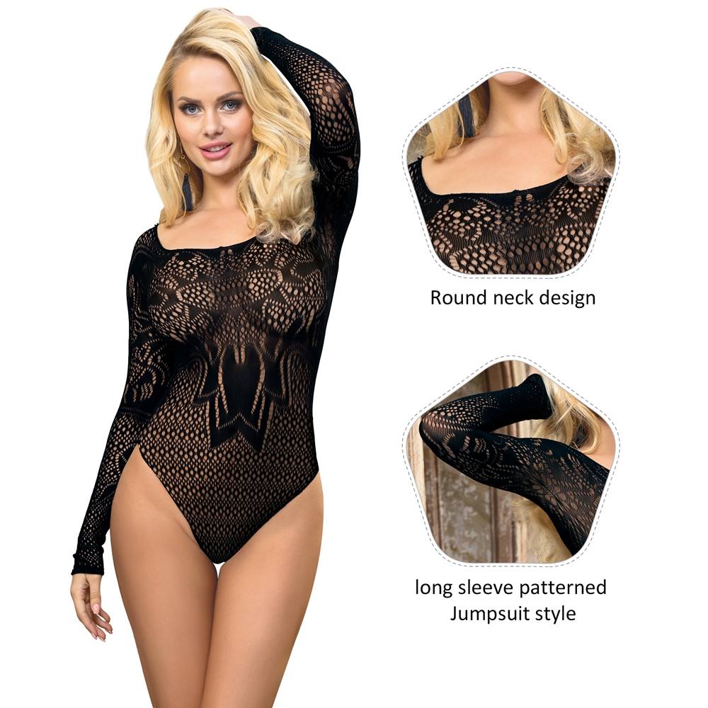 Black Floral Fishnet Long - Sleeve Round - Neck Bodystocking - TeaseFashion