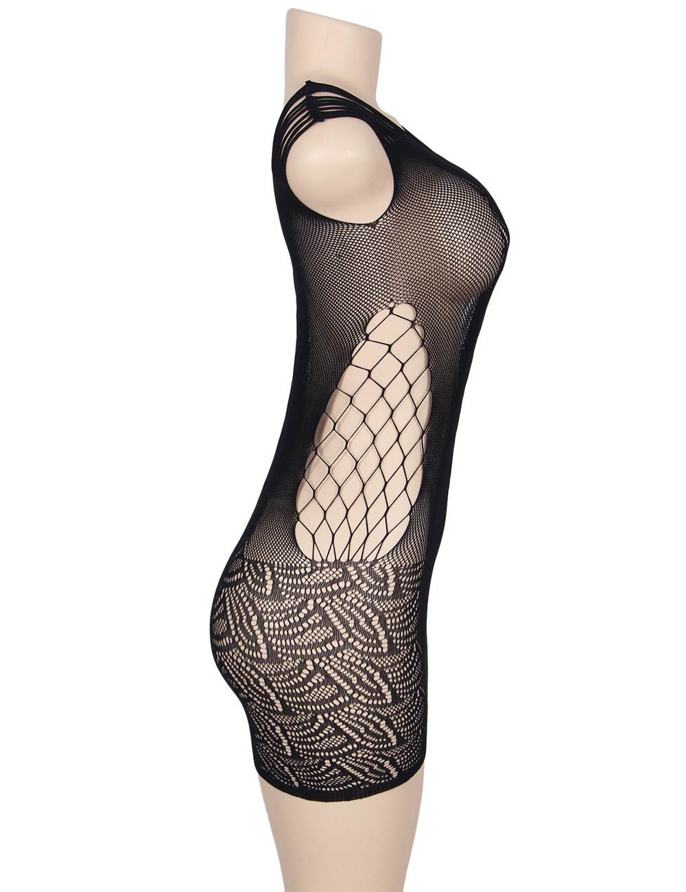 Black Floral Hollow - Out Mini Chemise Bodystocking - TeaseFashion