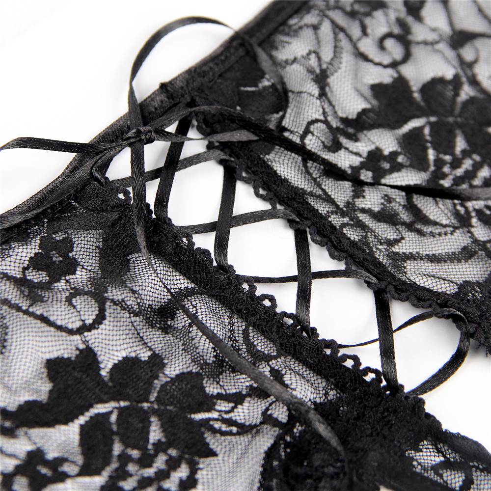 Black Floral Lace Full - Coverage Panty with Criss - Cross Back & Open Crotch - TeaseFashion